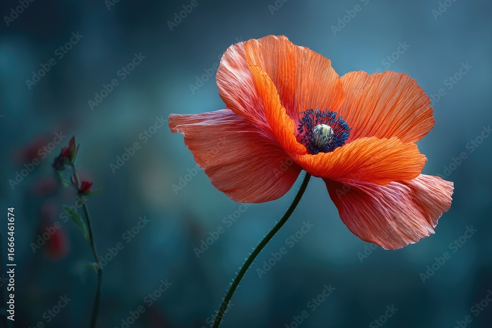 Obraz premium Vibrant orange poppy in muted teal background