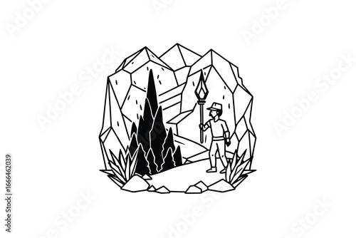 A hiker standing in front of a mountain range with a torch in hand silhouette