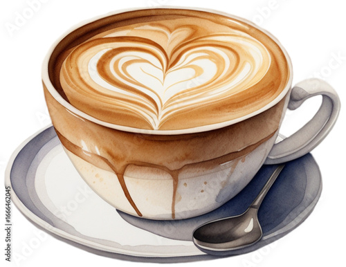 Wallpaper Mural cup of coffee with heart shaped latte art on the frothy surface, watercolor illustration of coffee Torontodigital.ca