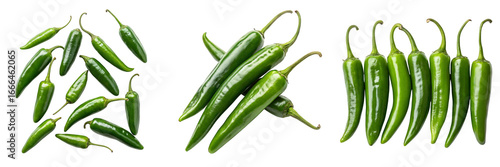 Set of Green chili peppers isolated on a transparent background