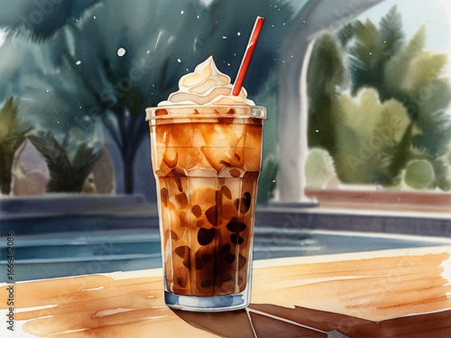 Wallpaper Mural A watercolor illustration of an iced coffee in a transparent glass, filled with ice cubes and topped with a straw Torontodigital.ca