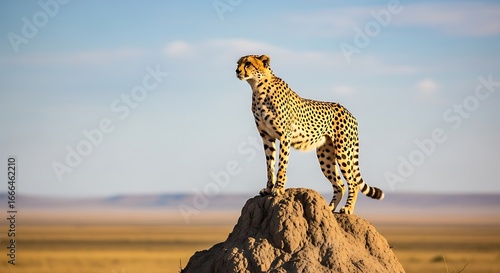 A cheetah standing on a termite mound in the African savanna, gazing into the distance.