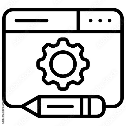Web Development Outline Icon Design Vector - Browser window with gear and pencil, symbolizing coding, website building, and digital tools