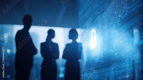 Business professionals silhouetted against a digital screen displaying a padlock symbol, representing cybersecurity and data protection