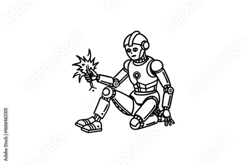 Robot sitting and holding a sparkler in its hand with a white background silhouette