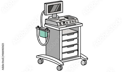 Modern endoscopy procedure cart featuring a computer monitor, medical devices, and storage drawers, isolated on a transparent background, ready for use in a medical setting