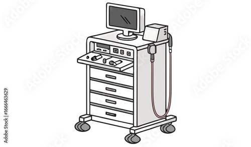 Modern endoscopy procedure cart featuring a computer monitor, medical devices, and storage drawers, isolated on a transparent background, ready for use in a medical setting