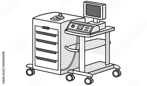 Modern endoscopy procedure cart featuring a computer monitor, medical devices, and storage drawers, isolated on a transparent background, ready for use in a medical setting