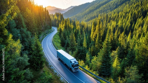 A white truck drives along a winding mountain road surrounded by dense green pine forests under the warm glow of the setting sun
