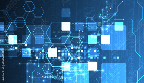 A technical background using technological lines, squares, and hexagons combined into an art composition.