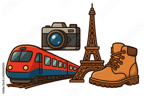 Travel to Paris concept vector illustration. Train journey to Europe with camera for photography and hiking boot for adventure. Tourism vacation and landmark discovery.