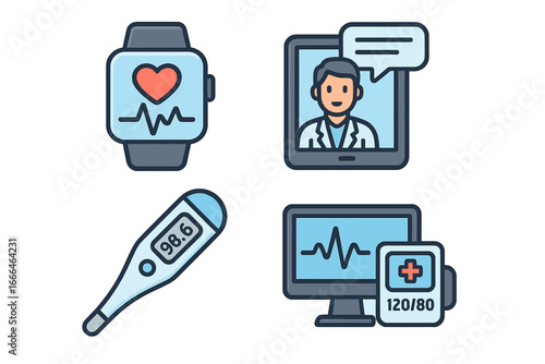 Healthcare technology icons. Telehealth, digital health, remote patient monitoring concepts. Vector set of smartwatch, online doctor, thermometer, blood pressure monitor illustration.