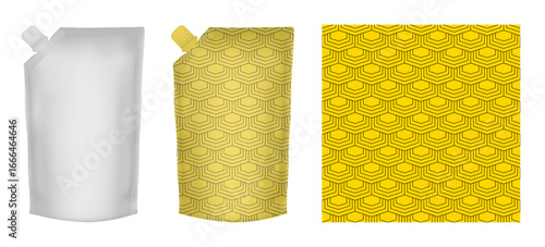Spouted pouch - blank mockup template. Yellow pattern for packaging design. Doypack. Flexible doy pack