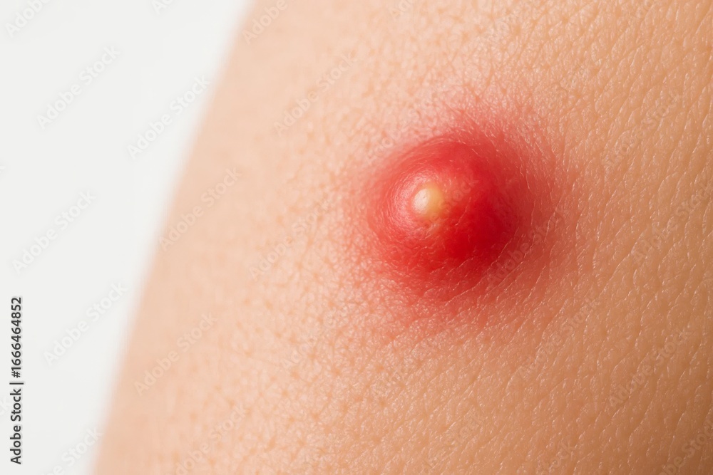 Fototapeta premium Close-up of single red pimple with pus filled head on human skin