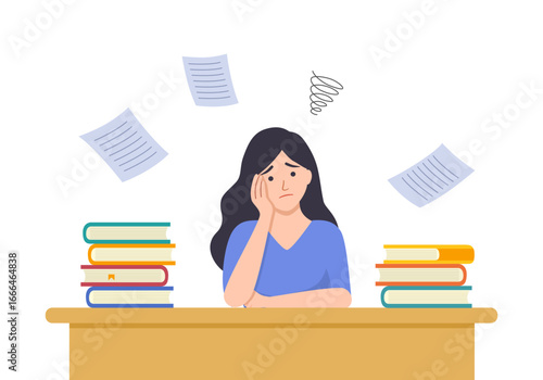 Unhappy student doing difficult homework. Information excessive amount. Stressed student with books piles in flat design.