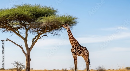 A tall giraffe with distinctive spotted patterns stretches its long neck to eat leaves from an acacia tree in the African savanna under a clear blue sky.