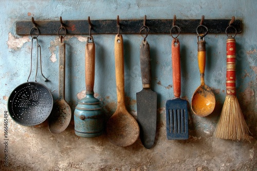 Vintage kitchen utensils on a wall rack
