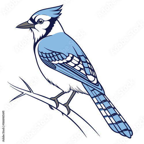 Blue Jay Vector Illustration Perched on Branch


