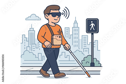 Blind man walking in city with assistive technology. Visually impaired person with smart glasses, sensor and white cane for safe urban navigation. Accessibility concept vector.