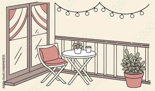 A picturesque scene unfolds on the balcony with a miniature table set between comfy seating where small potted plants add a splash of greenery illuminated by cascading fairy lights