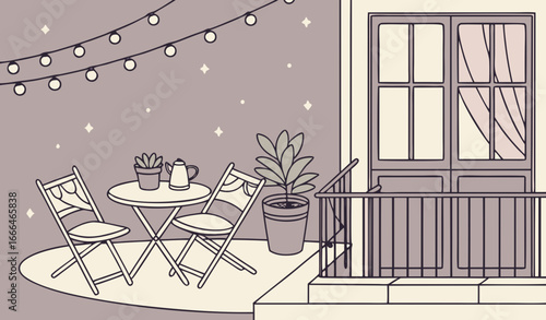 A picturesque scene unfolds on the balcony with a miniature table set between comfy seating where small potted plants add a splash of greenery illuminated by cascading fairy lights