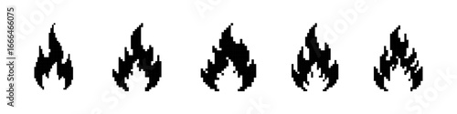 Fire pixel icons set. Flame, bonfire symbol collection. Pixel art.