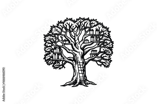 A tree with a ladder and multiple small houses in its branches and leaves silhouette