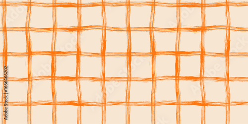 Hand Painted Warm Autumn Vector Seamless Check Pattern, Wavy Orange Brush Stripes for Thanksgiving and Harvest Backgrounds