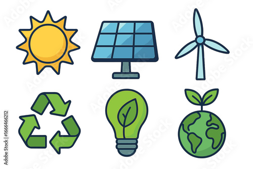 Renewable energy icon set. Green power concept with sun, solar panel, wind turbine, and recycle symbol. Eco friendly, sustainability and ecology vector illustrations.