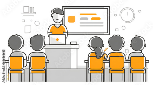 A male teacher presenting a lesson with a laptop, while students attentively listen in a modern classroom setting.