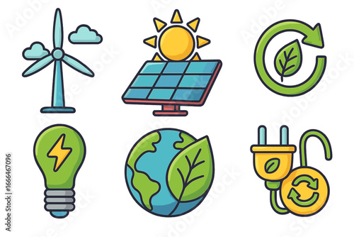 Set of renewable energy icons. Wind turbine, solar panel, recycle symbol, green power lightbulb, eco planet earth. Sustainability and environmental conservation concept vector.