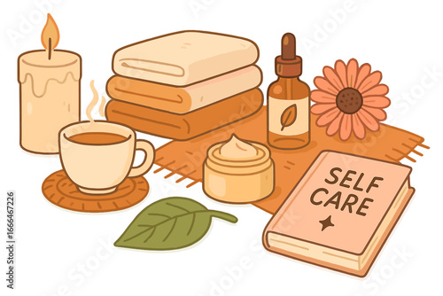 Cozy self-care routine items for relaxation and mental health. Vector illustration of spa, wellness, and hygge lifestyle with candle, tea, book, and skincare products.