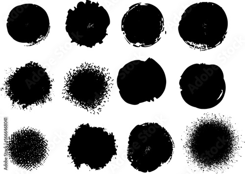 Grunge ink splatter circle set with rough edges. Perfect for stamps, distressed textures, urban posters, and creative background