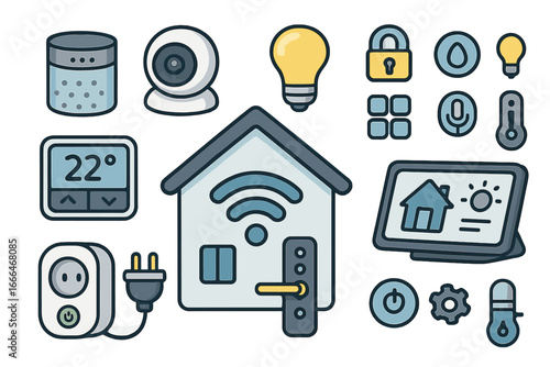 Smart home automation technology icon set. Vector cartoon illustration of IoT devices. Wireless system for remote control, security, and energy management. House automation.