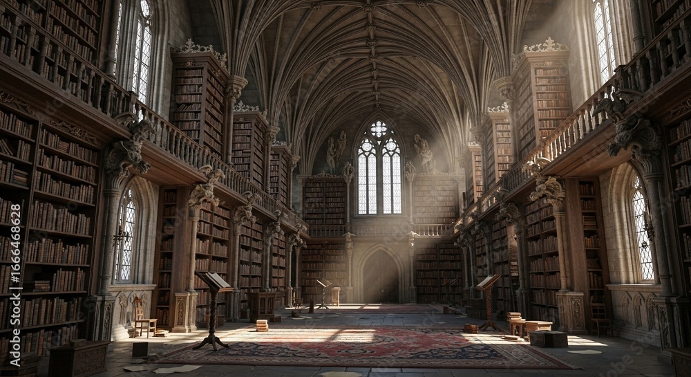 Fototapeta premium Immersive grand library interior with towering bookshelves arched architecture light and classic design evoking knowledge history and scholarly pursuits 