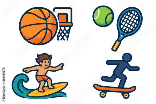 Sports icons set. Basketball, tennis, surfing, skateboarding pictogram collection. Active hobby, recreation, and athletic lifestyle concept. Vector cartoon illustration symbol.