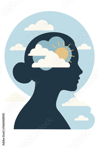 The concept of psychology and women's mental health is intricately linked with weather, symbolized by multiple exposures of clouds and sun on a female head silhouette