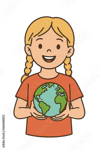 Young girl embracing a model of planet Earth, symbolizing a World Children's Day concept, available as a  banner