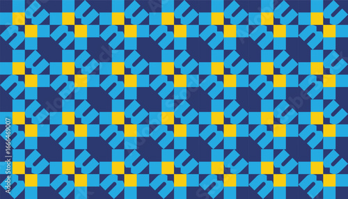Bold geometric seamless design in blue and yellow with repetitive interlocking motifs, ideal for fabric and digital backgrounds