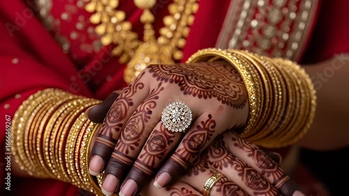 Close Up of Hands Adorned with Henna Gold Bangles and Jewelry on a Red Dress Against a Dark Backdrop Showing Intricate Wedding Decoration