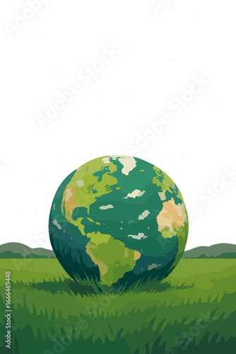 The Earth is serenely positioned on a lush green field beneath a celestial sky filled with stars, symbolizing peace and hope for generations to come