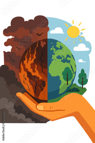 An image of the Earth in a hand, juxtaposing two contrasting scenes: one side engulfed in flames and the other teeming with lush green grass, fertile soil, and trees, symbolizing the destruction and
