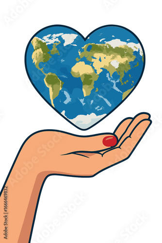 A woman's hand is shown in a side closeup, palm facing upwards, as it levitates a small heart-shaped model of the Earth against a light blue gradient background