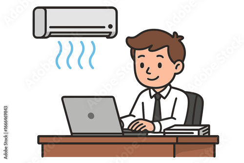 Businessman working on laptop in comfortable office with air conditioner. Employee at desk enjoying climate control for a cool work environment. Vector cartoon character.