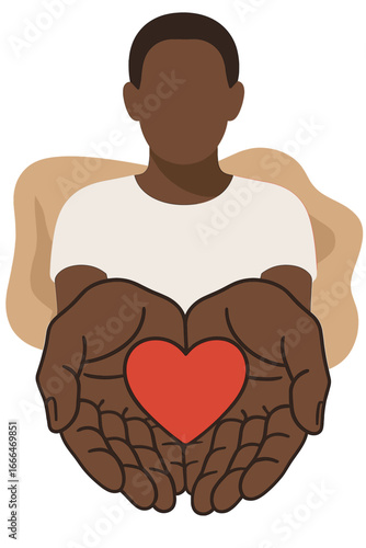 African woman's hands cradle a small red heart, symbolizing solidarity, charity, and responsibility
