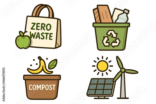 Sustainable living icon set. Eco-friendly practices concept. Zero waste, recycling bin, compost, solar panel, and wind turbine. Green energy and waste reduction vector.