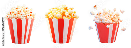Three vibrant popcorn buckets with varying levels of popcorn