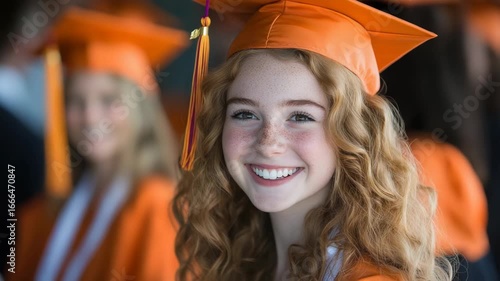 Joyful graduate with curly hair smiling in an orange cap and gown.