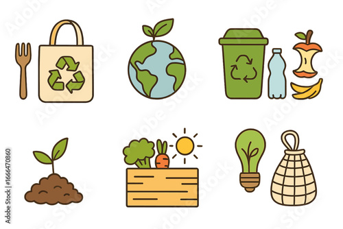 Sustainable living icon set for eco friendly lifestyle. Zero waste, recycling, green energy, and organic food concepts. Environment conservation vector cartoon illustration.