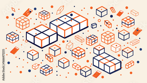 Isometric illustration featuring various sized cubes and cuboids in orange and blue colors on a cream background